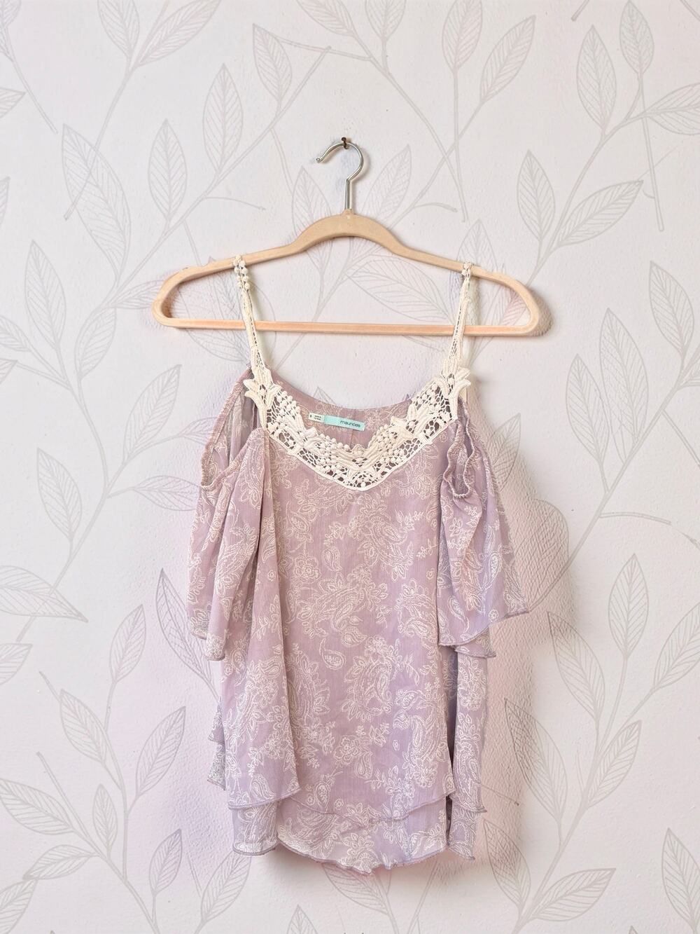 Maurices Womens Small Boho Cold Shoulder Blouse Paisley Crochet Lace Purple Top